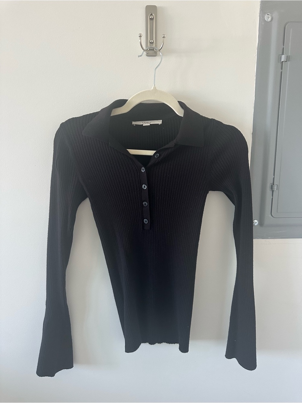 LOFT Black Ribbed Button-Front Polo Top